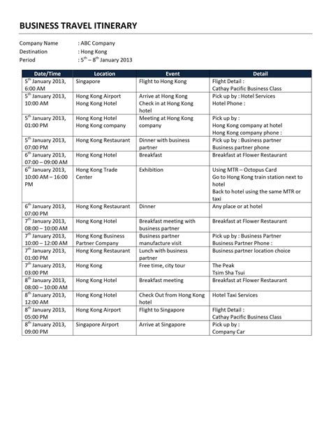 Business Travel Itinerary Template