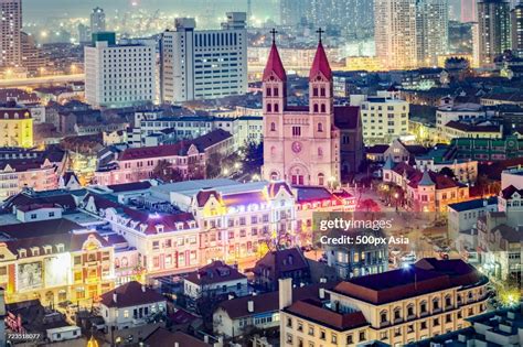 Qingdao Old Town At Night With St Michaels Cathedral Shandong China ...