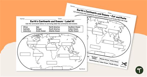 Labeling the Continents and Oceans Worksheets | Teach Starter