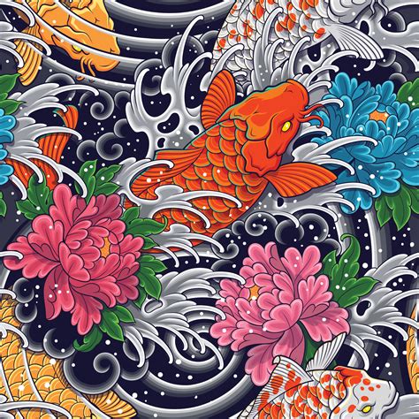 Koi Fish Seamless Pattern, Japanese Koi Pattern With Wave and Flowers 3582820 Vector Art at Vecteezy