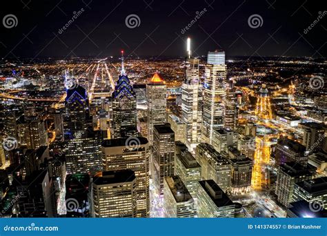 Aerial Shot Center City Philadelphia at Night Stock Image - Image of ...