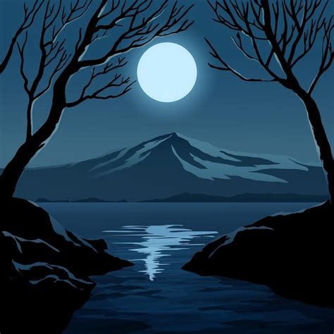 Premium Vector | Beautiful night with moon, mountain and trees at riverside