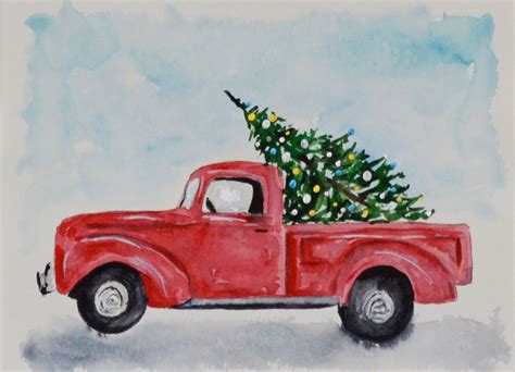 Vintage Red Truck Hauling a Christmas Tree Watercolor - Etsy ...