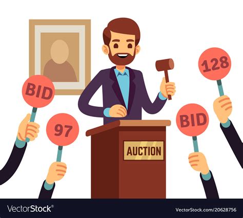 Auction with man holding gavel and people raised Vector Image