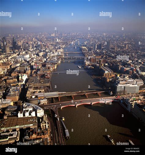 Aerial image of bridges over the River Thames, looking east from Blackfriars Bridge, London ...