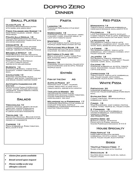 Doppio Zero SF Dinner Menu | Mozzarella | Pizza