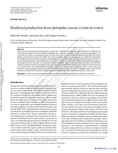 (PDF) Biodiesel production from Jatropha curcas: a critical review | rahmath abdulla - Academia.edu