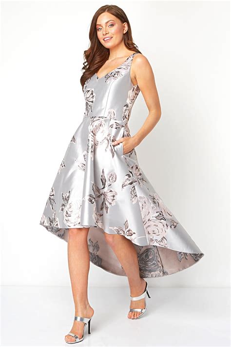 Jacquard Rose Gown Dress in Silver - Roman Originals UK