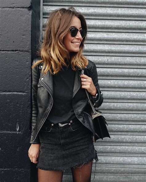 Black denim skirt outfit, leather jacket, street fashion, pencil skirt ...