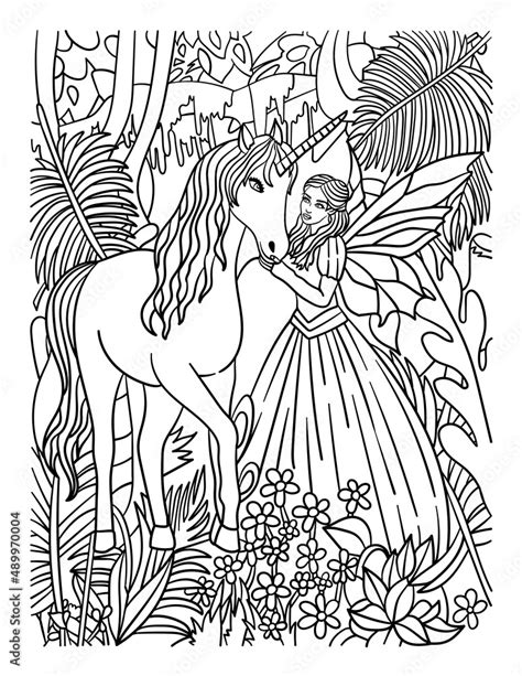 Fairy Petting Unicorn Coloring Page for Adults Stock-Vektorgrafik | Adobe Stock