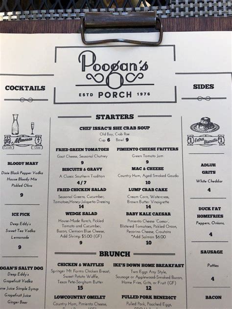 Menu at Poogan's Porch restaurant, Charleston