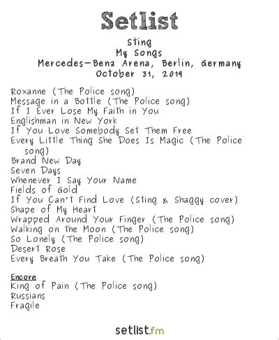 Sting Setlist Mercedes-Benz Arena, Berlin, Germany 2019, My Songs ...