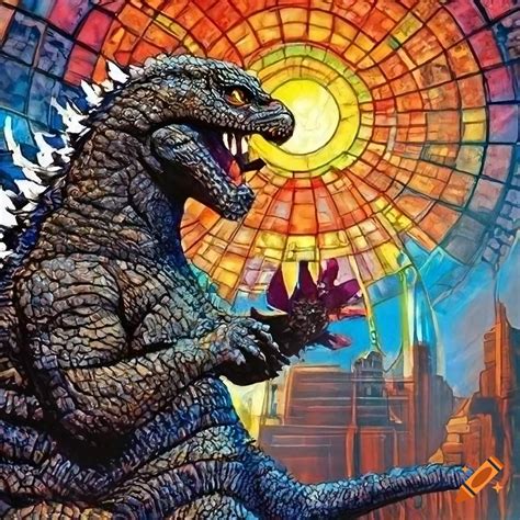 Stained glass depiction of godzilla, fantasy cover novel poster by james gurney on Craiyon