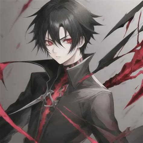 Anime boy with black hair, red eyes and a black gree...