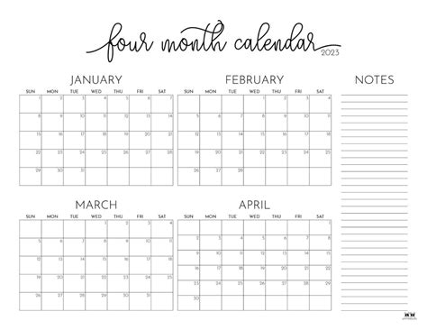 2023 Four Month Calendars - 18 FREE Printables | Printabulls