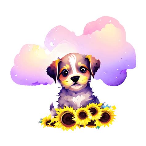 Cute Puppy with Sunflowers in a Bucket · Creative Fabrica