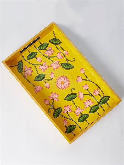 Buy Yellow Lotus Hand Painted Wooden Tray online at Theloom | Pottery painting designs, Painted ...