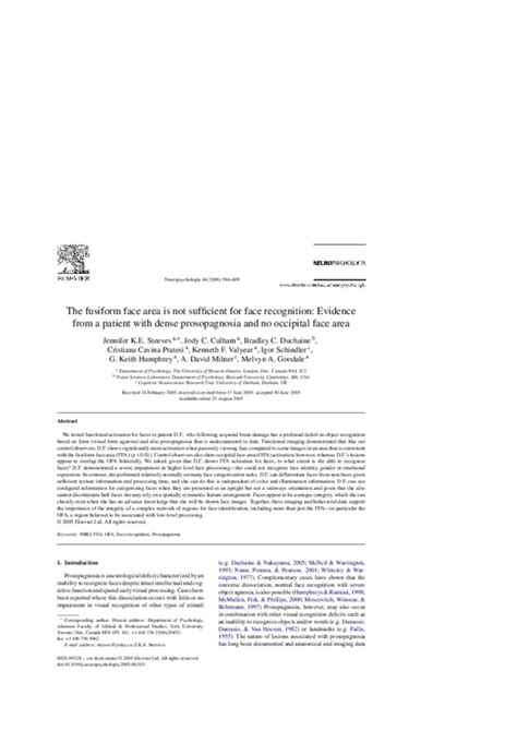 (PDF) The fusiform face area is not sufficient for face recognition: Evidence from a patient ...