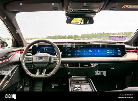 The interior of the Ford Evos crossover car seen on a test drive in Shanghai, China Stock Photo ...