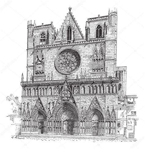 Lyon Cathedral in Lyon,France, vintage engraving — Stock Vector © Morphart #11007777