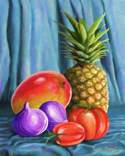 Three Fruits And A Vegetable Painting by Anthony Mwangi