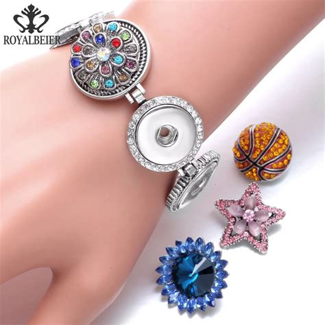 RoyalBeier 5pcs Metal Snaps Bracelet With Rhinestone Fit 18mm Snap Button Charms High Grade Snap ...