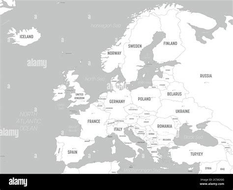 Europe map - white lands and grey water. High detailed political map of european continent with ...