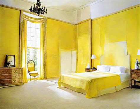 Watercolor of Elegant Bedroom Showcasing Vibrant Yellow Stock Illustration - Illustration of ...