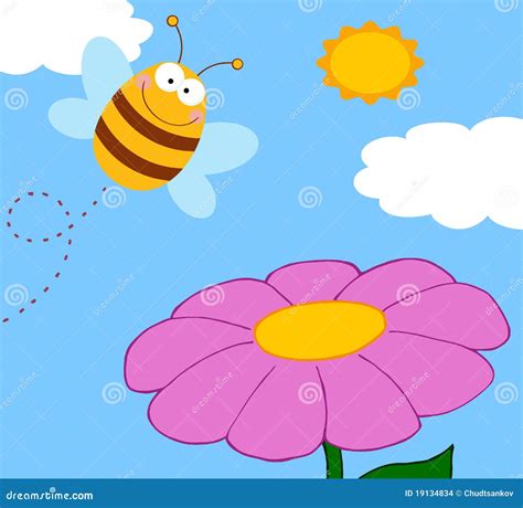 Happy Bee Pollinating a Purple Flower Stock Vector - Illustration of ...