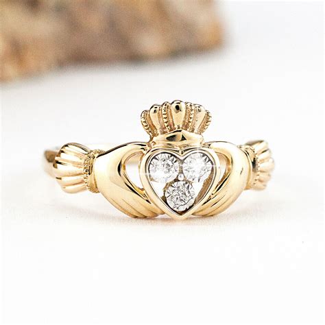 14K Gold Diamond Claddagh Ring, Made in Ireland