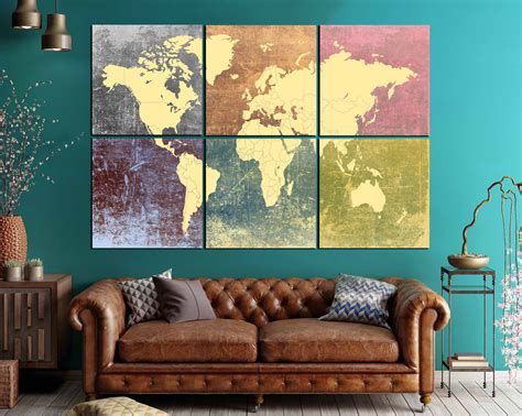 World Map Colorful Decorative 6 Canvas Panels,World Map Large Wall Art,World Map Decorative Art ...