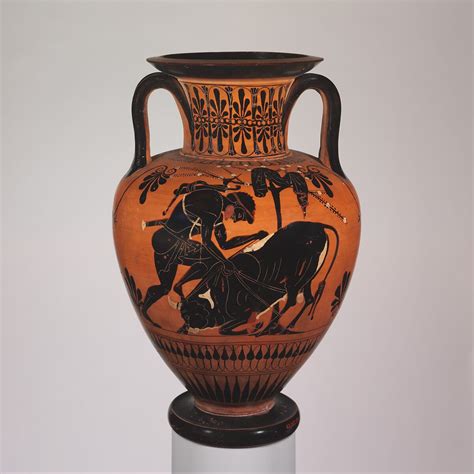 Terracotta neck-amphora (jar) with Herakles and a bull | Greek, Attic ...