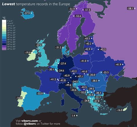 Lowest Temperature Records (°C) for European countries | European history, European map, Europe