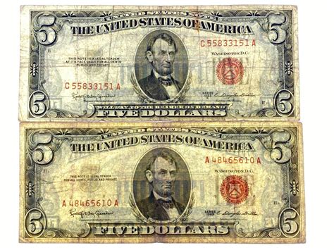 Lot - Lot Of 2 1953 $5 Dollar Red Seal Bill