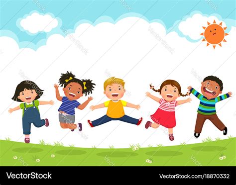 Happy kids jumping together during a sunny day Vector Image