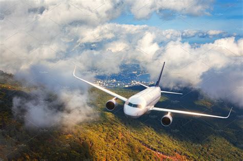 Aerial view of aircraft. Airplane is flying in clouds | High-Quality Transportation Stock Photos ...