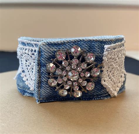 Denim, Lace, and Rhinestone Cuff Bracelet | Rhinestone cuff, Denim cuff ...