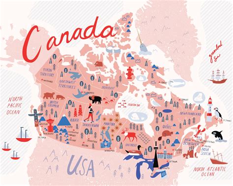 Illustrated Map of Canada Pink Canada Map Art Canada Map - Etsy Canada