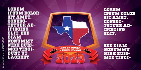 Texas rodeo 2023 banner, texas state outline in a color of a texan flag, waving red banner, copy ...