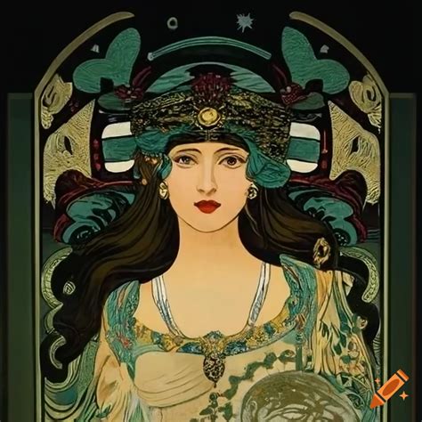 Art nouveau illustration of a black-haired woman in a gothic outfit on Craiyon