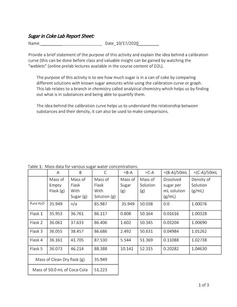 Sugar in Coke - 1 of 3 Sugar i n C oke Lab R eport S heet: Name___________________________ - Studocu