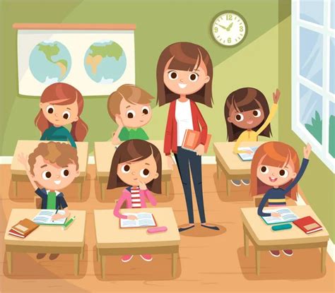 Teacher Pupils Classroom Stand Aisle Primary School Kids Pupils Raising Stock Vector Image by ...