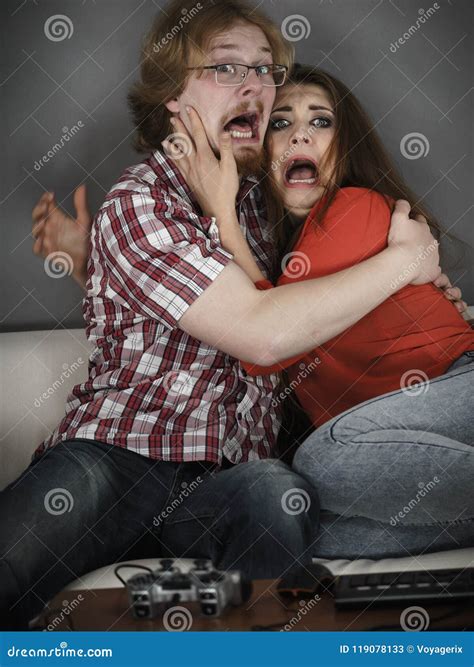 Funny Couple Watching Horror Movie Stock Image - Image of film, boyfriend: 119078133