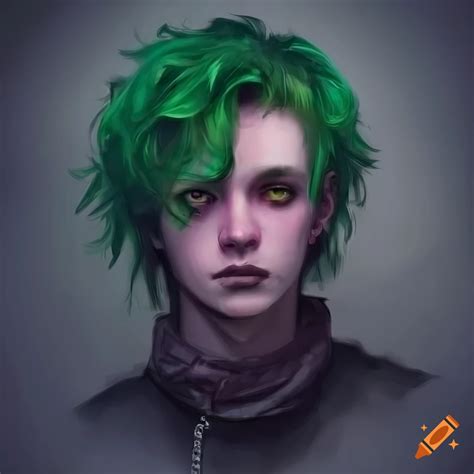 Concept art of a punk-style character with dark green hair and unique features on Craiyon