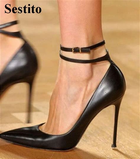 Women Sexy Black Pointed Toe Ankle Strap Party Pumps Super High Thin ...