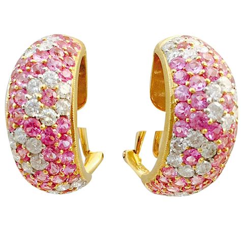 Pink Sapphire Diamond Gold Floral Design Hoop Earrings For Sale at 1stdibs