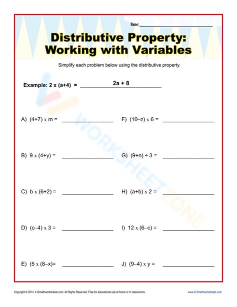 Distributive Property: Working with Variables | Worksheet Zone