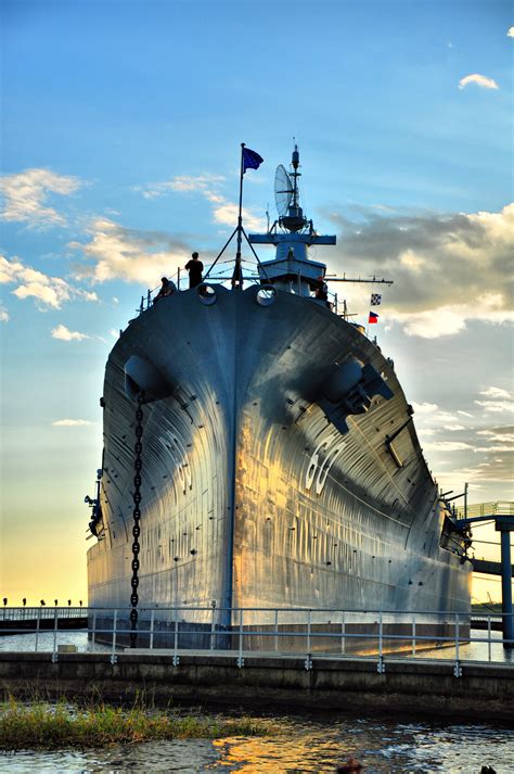 A bow view of South Dakota-class battleship USS Alabama (BB-60), now a ...