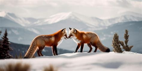 Premium AI Image | Pair of foxes playing in the snow with pine trees ...