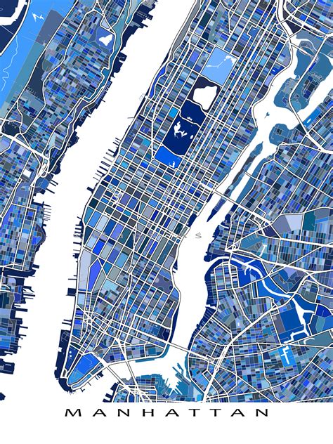 Manhattan Map Print, NYC Map, Blue Geometric New York Cityscape Map Poster, Central Park - Etsy ...